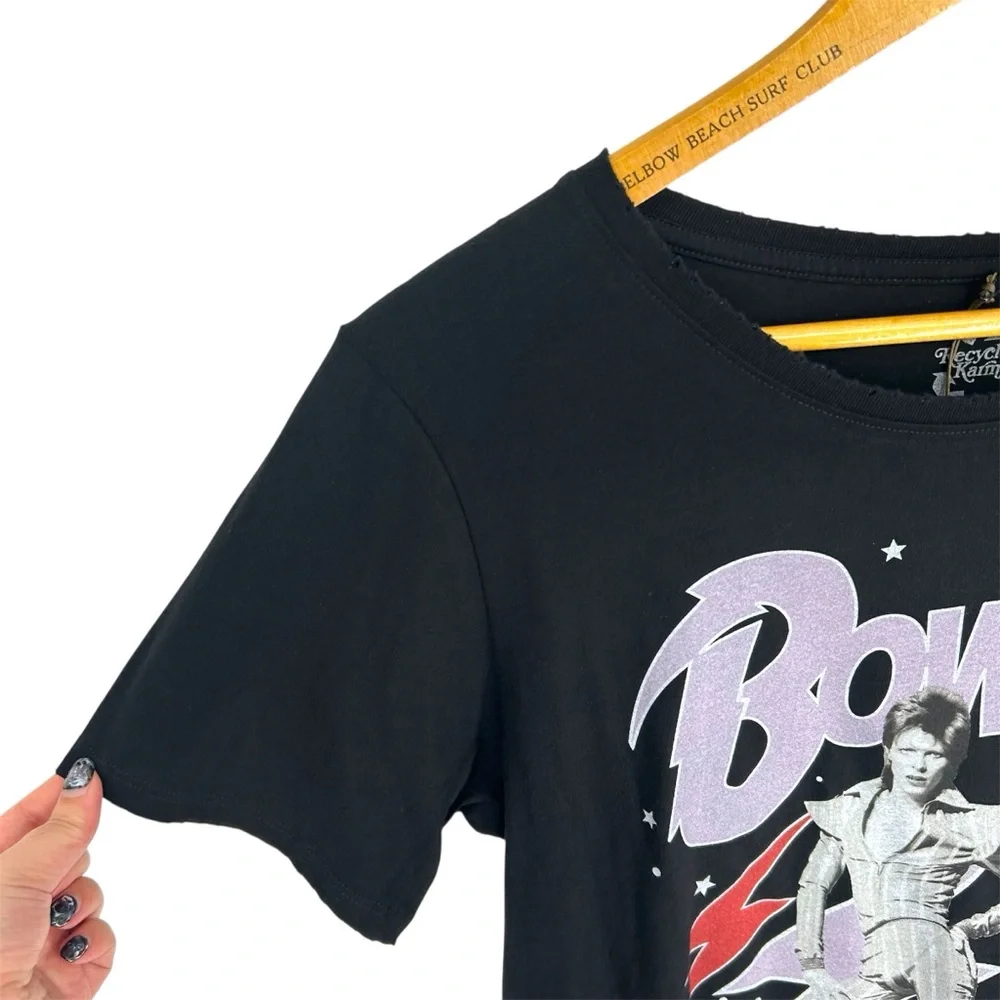 NWT Recycled Karma David Bowie Chewed Neck and Sleeve Cuff Graphic Band Tee READ - Picture 2 of 8